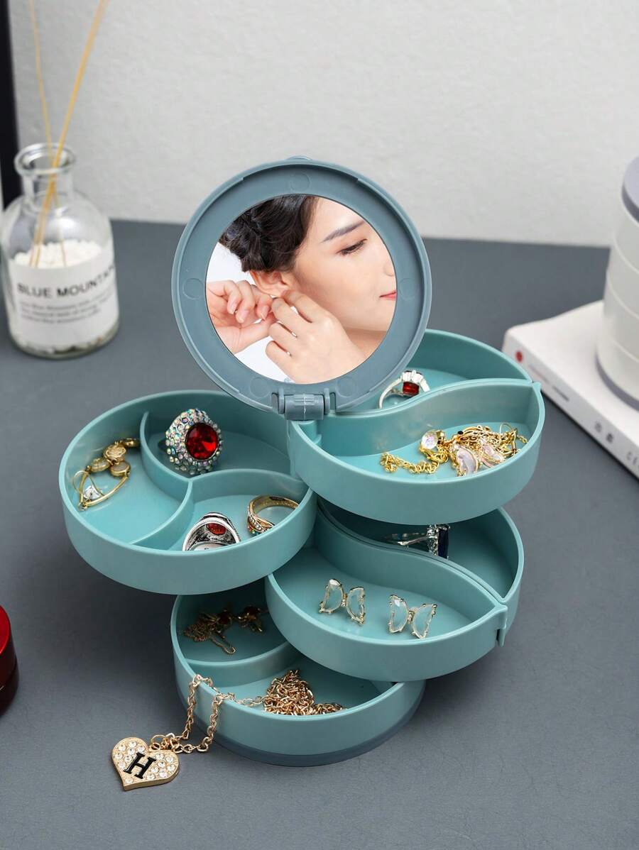 1入組多層可旋轉首飾類現代ABS首飾收納盒附鏡子適用於家庭 - 藍色 - 查看 1