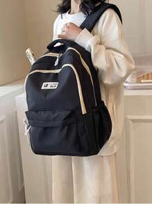 字母貼飾經典背包中等拉鍊黑色 - 黑色 - 查看 2