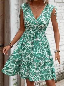 SHEIN LUNE Vestido con estampado tropical de hombros con cordón bajo con fruncido - Verde - Ver 2