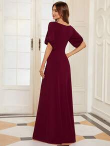 EVERPRETTY Ruched Front Split Sleeve Bridesmaid Dress - Burgundy - View 2