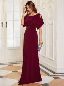 EVERPRETTY Ruched Front Split Sleeve Bridesmaid Dress - Burgundy - View 3