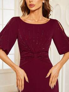 EVERPRETTY Ruched Front Split Sleeve Bridesmaid Dress - Burgundy - View 5