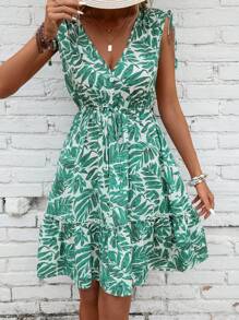 SHEIN LUNE Vestido con estampado tropical de hombros con cordón bajo con fruncido - Verde - Ver 4