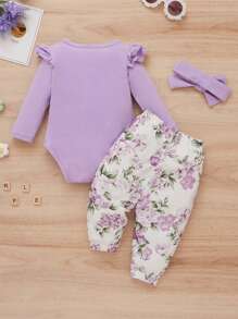 嬰兒女孩荷葉邊連體衣＋花卉蝴蝶結褲＋頭箍 - 彩色 - 查看 2
