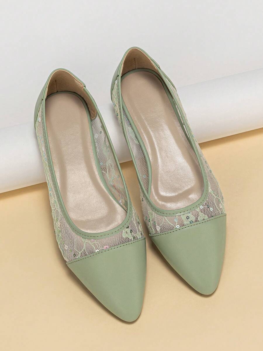 Women Floral Embroidered Point Toe Flats, Fashion Green Ballet Flats - Green - View 1