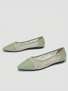 Women Floral Embroidered Point Toe Flats, Fashion Green Ballet Flats - Green - View 2