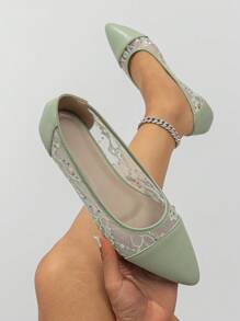 Women Floral Embroidered Point Toe Flats, Fashion Green Ballet Flats - Green - View 4