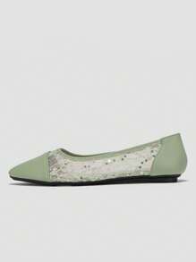 Women Floral Embroidered Point Toe Flats, Fashion Green Ballet Flats - Green - View 6