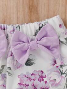 嬰兒女孩荷葉邊連體衣＋花卉蝴蝶結褲＋頭箍 - 彩色 - 查看 6