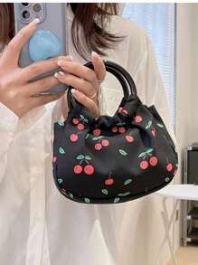 Mini Cherry Pattern Ruched Bag Double Handle Valentines - Black - View 2