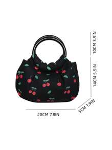Mini Cherry Pattern Ruched Bag Double Handle Valentines - Black - View 3