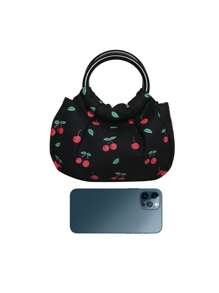 Mini Cherry Pattern Ruched Bag Double Handle Valentines - Black - View 5