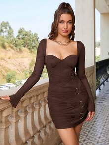 PARTHEA 雞心領口褶邊網紗緊身洋裝 - 咖啡棕 - 查看 6