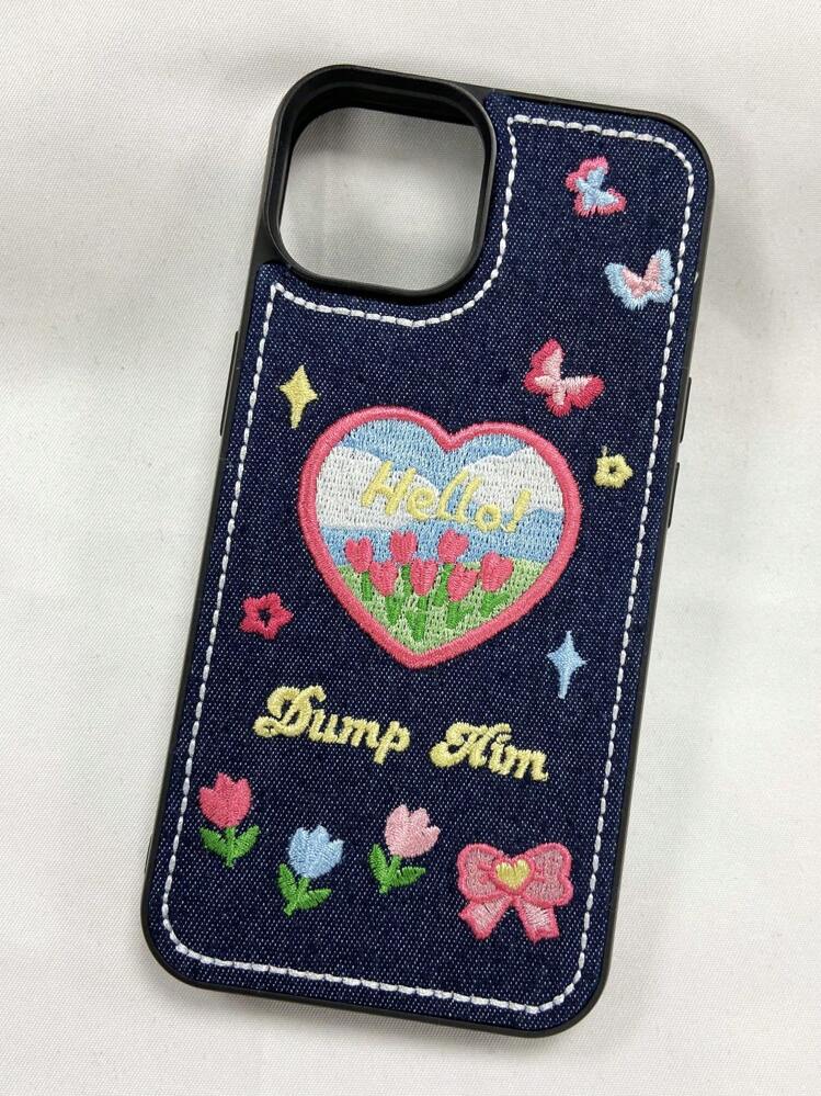 Heart Embroidered Iphone 11 Case Wildflower I Heart Me IPhone Case Blue  IPhone 16 Plus