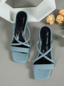 女性極簡風格交叉粗跟穆勒時尚夏天牛仔高跟涼鞋