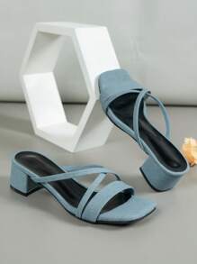 女性極簡風格交叉粗跟穆勒時尚夏天牛仔高跟涼鞋