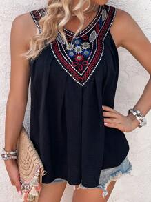 SHEIN LUNE Floral Embroidery Plicated Detail Sleeveless Blouse