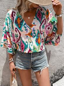 SHEIN LUNE Blusa con estampado de manga murciélago - Multicolor - Ver 7