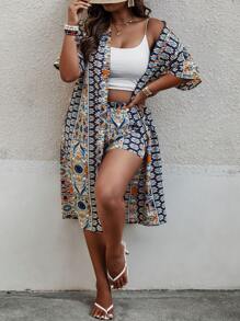 SHEIN LUNE Kimono y shorts de verano con estampado completo, talla grande - Multicolor - Ver 1