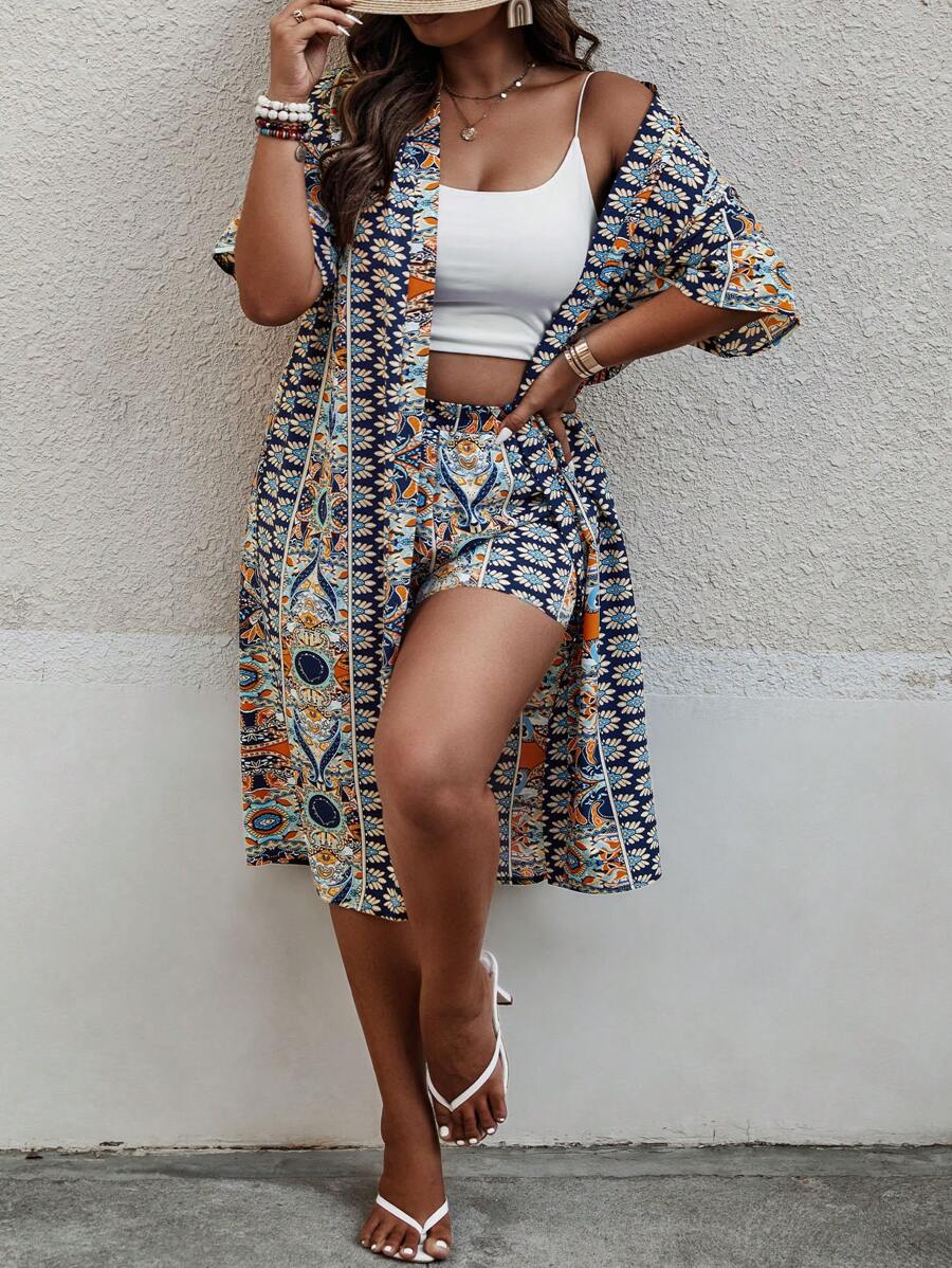 SHEIN LUNE Kimono y shorts de verano con estampado completo, talla grande - Multicolor - Ver 1