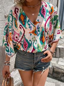 SHEIN LUNE Blusa con estampado de manga murciélago - Multicolor - Ver 3