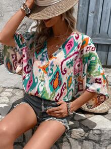 SHEIN LUNE Blusa con estampado de manga murciélago - Multicolor - Ver 5