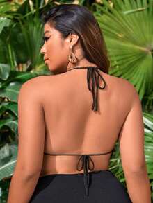 SHEIN Plus Fringe Trim Tie Backless Crop Halter Top - Black - View 4