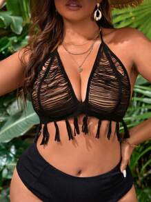 SHEIN Plus Fringe Trim Tie Backless Crop Halter Top - Black - View 3