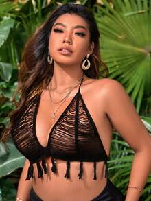 SHEIN Plus Fringe Trim Tie Backless Crop Halter Top - Black - View 5