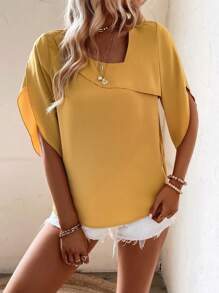 SHEIN LUNE Solid Asymmetrical Neck Petal Sleeve Blouse - Mustard Yellow - View 3