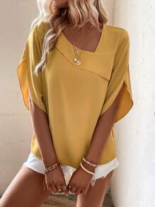 SHEIN LUNE Solid Asymmetrical Neck Petal Sleeve Blouse - Mustard Yellow - View 4