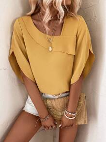 SHEIN LUNE Solid Asymmetrical Neck Petal Sleeve Blouse - Mustard Yellow - View 6