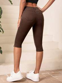SHEIN Essnce 下擺開叉七分緊身七分牛仔褲 - 棕色 - 查看 2