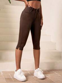 SHEIN Essnce 下擺開叉七分緊身七分牛仔褲 - 棕色 - 查看 3