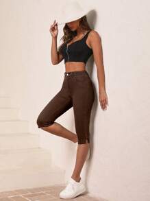 SHEIN Essnce 下擺開叉七分緊身七分牛仔褲 - 棕色 - 查看 4