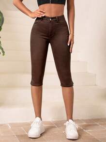 SHEIN Essnce 下擺開叉七分緊身七分牛仔褲 - 棕色 - 查看 5