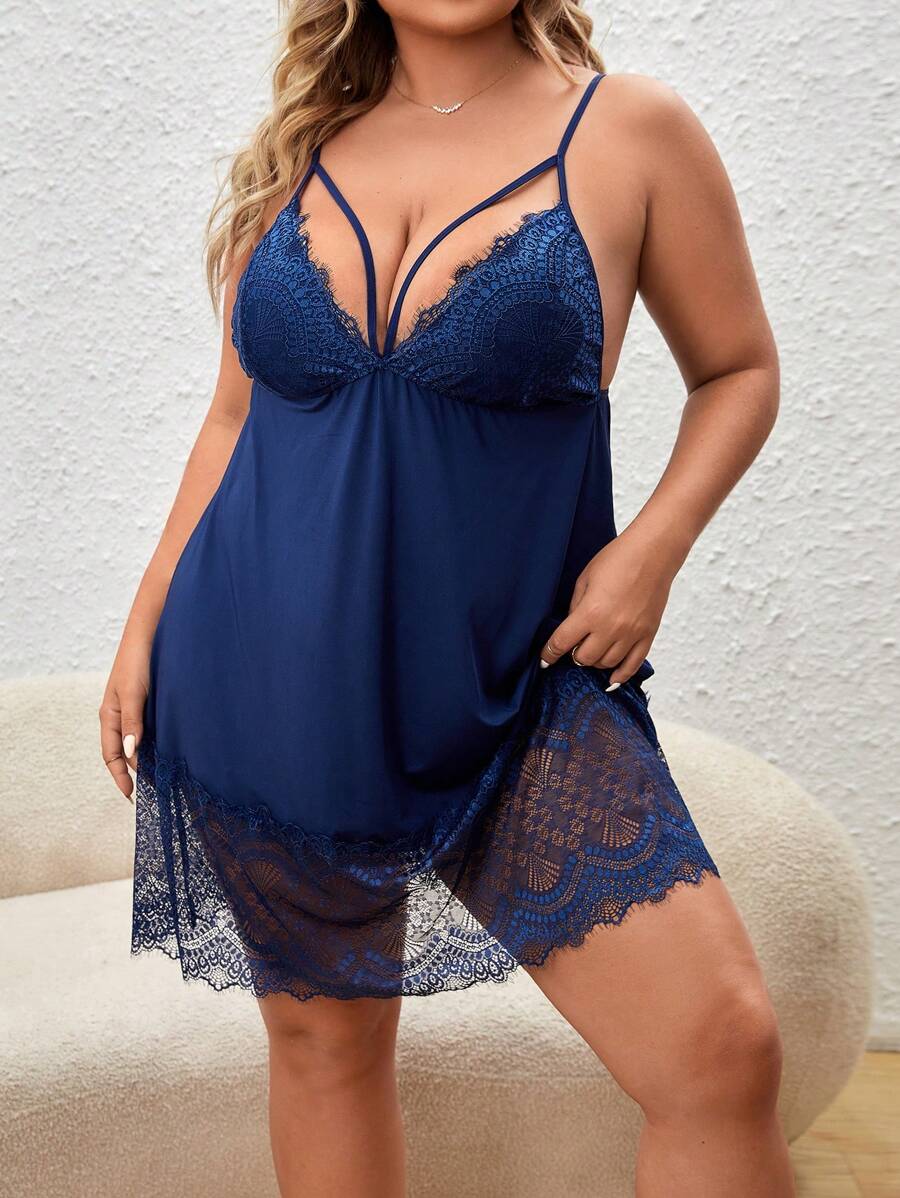 Plus Contrast Lace Cut Out Cami Nightdress - Navy Blue - View 1