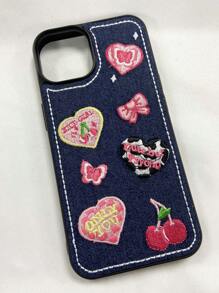 Sommer Ins Mädchen Stil Bestickte Herz & Schmetterling Design Denim Handyhülle Kompatibel Mit Iphone15/15plus/15pro/15promax 12/13/14promax, Stoßfest