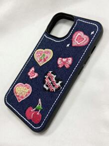 Sommer Ins Mädchen Stil Bestickte Herz & Schmetterling Design Denim Handyhülle Kompatibel Mit Iphone15/15plus/15pro/15promax 12/13/14promax, Stoßfest