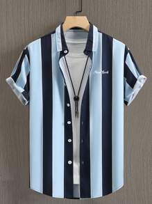 Manfinity Hypemode 男士條紋和字母圖案襯衫 - 藍色 - 查看 1