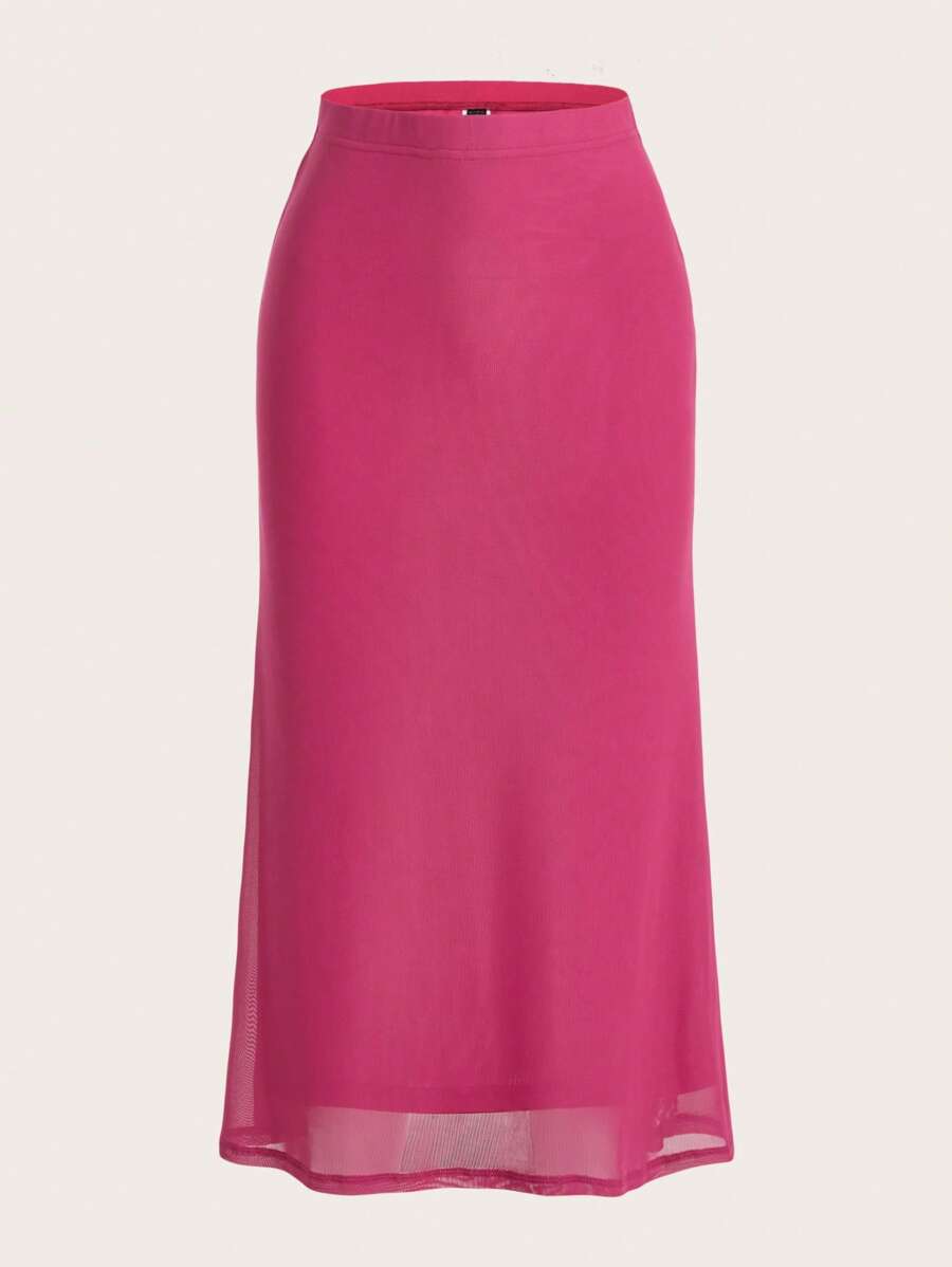 SHEIN EZwear 音乐会鱼尾星日月印花黑色薄纱网裙 - 玫紅色 - 查看 1