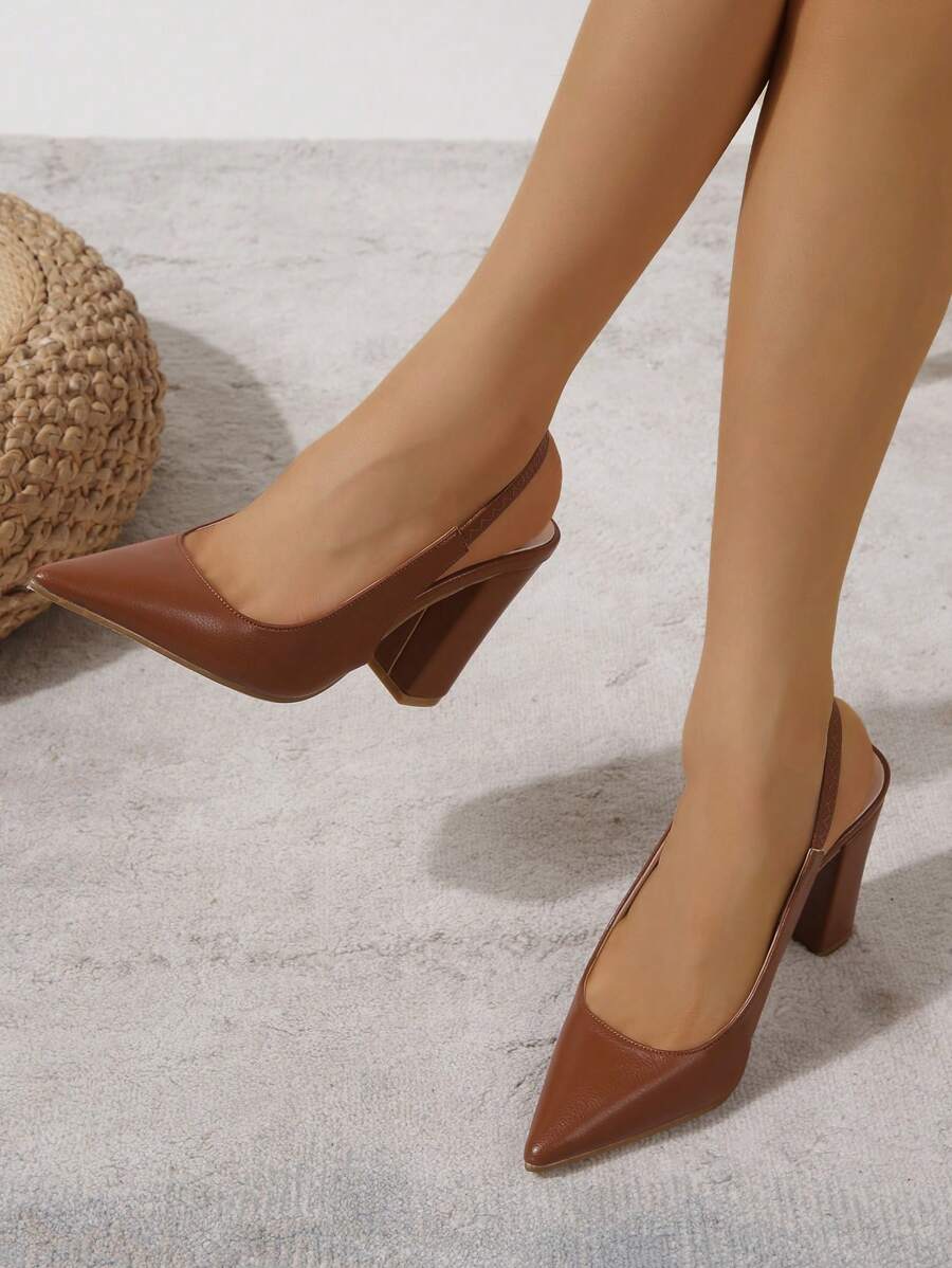 女士尖頭粗優雅戶外棕色后提帶高跟單鞋 - 棕色 - 查看 1