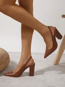 女士尖頭粗優雅戶外棕色后提帶高跟單鞋 - 棕色 - 查看 2