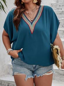 SHEIN LUNE Plus Contrast Lace Batwing Sleeve Blouse - Blue - View 2