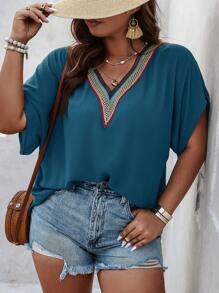 SHEIN LUNE Plus Contrast Lace Batwing Sleeve Blouse - Blue - View 5