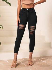 SHEIN PETITE Jeans desgarro delgado crop - Negro - Ver 2