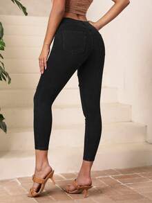 SHEIN PETITE Jeans desgarro delgado crop - Negro - Ver 3