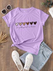 SHEIN LUNE Áo thun nữ Tim Slogan Giải trí - Màu Lilac Tím - Xem 1