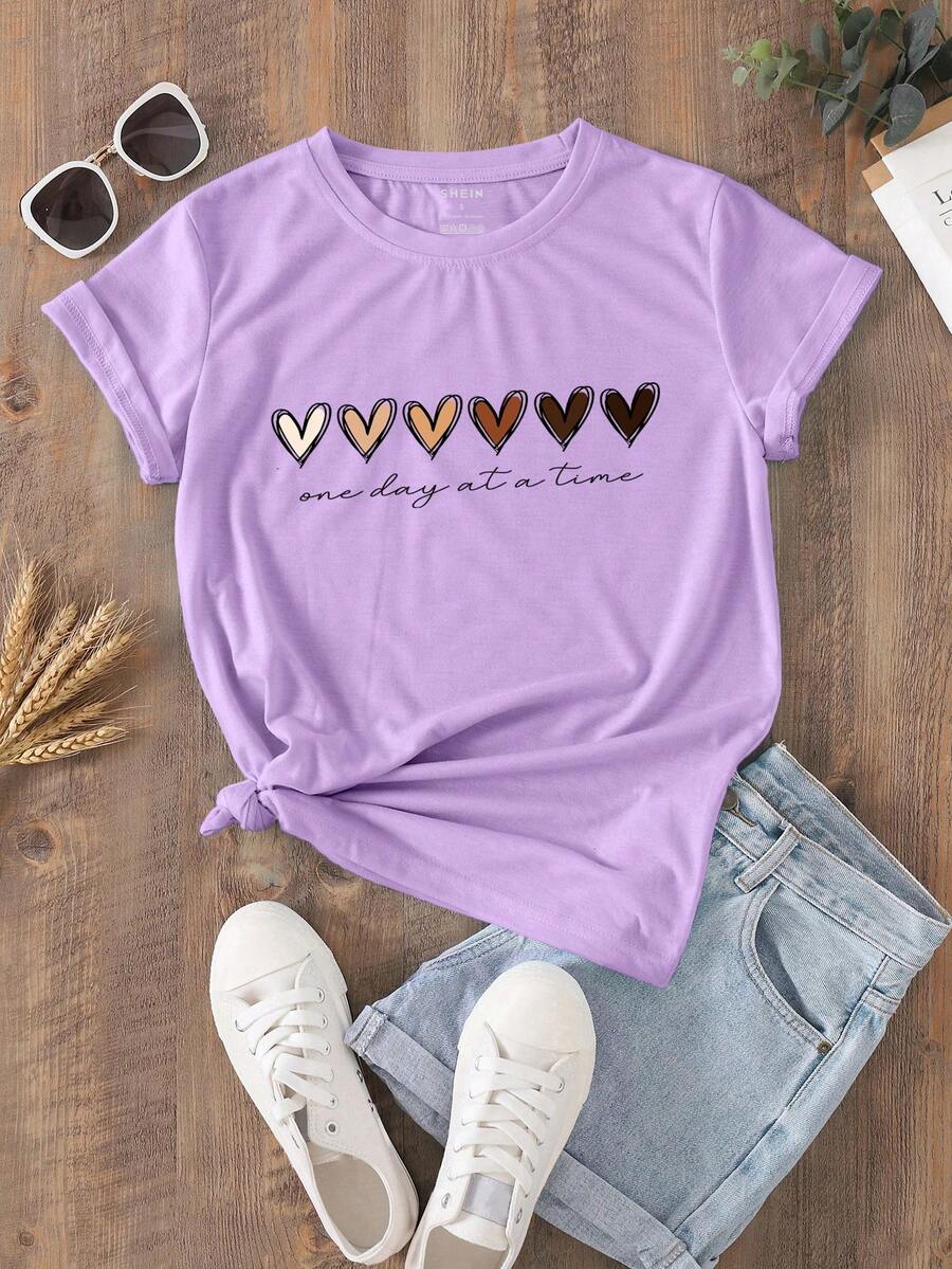 SHEIN LUNE Áo thun nữ Tim Slogan Giải trí - Màu Lilac Tím - Xem 1