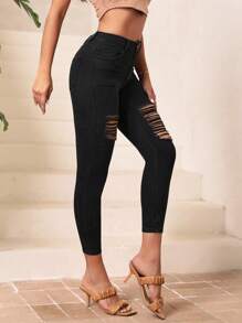 SHEIN PETITE Jeans desgarro delgado crop - Negro - Ver 1